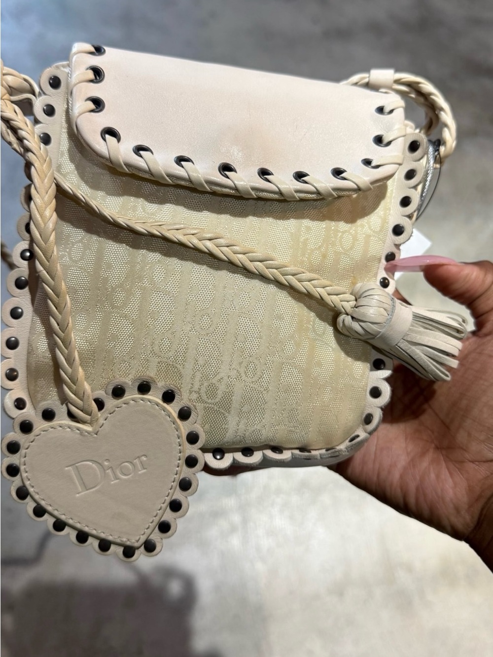 Dior Cream Braided-Trim Mini Crossbody with Heart Tag